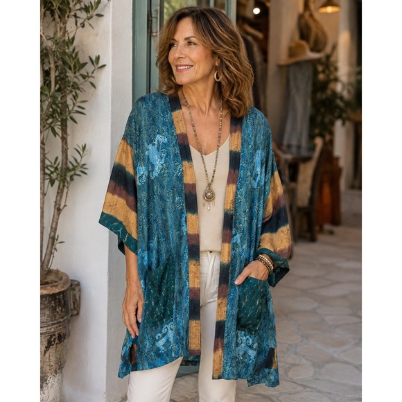 Kusnadi New York Sweaters - Kusnadi NY Floral Jacquard Kimono Open Cardigan One Size OS Hippie Artsy *Flawed